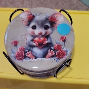 Cute Mouse Ceramic COASTERS- Gray with Red Rose Design